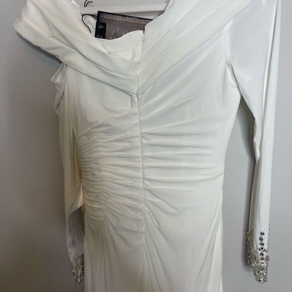 MAC DUGGAL BEADED CUFF DROP SHOULDER FAUX WRAP GOWN WHITE NWT (needs cleaning) - Picture 8 of 11